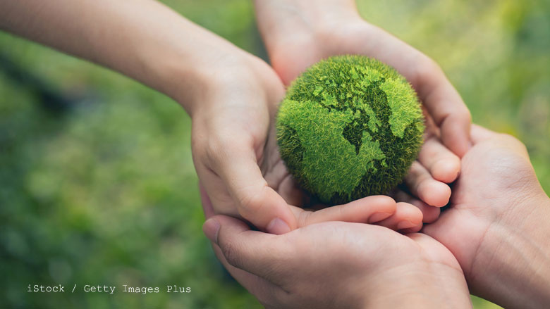 Image of hands holding green globe
